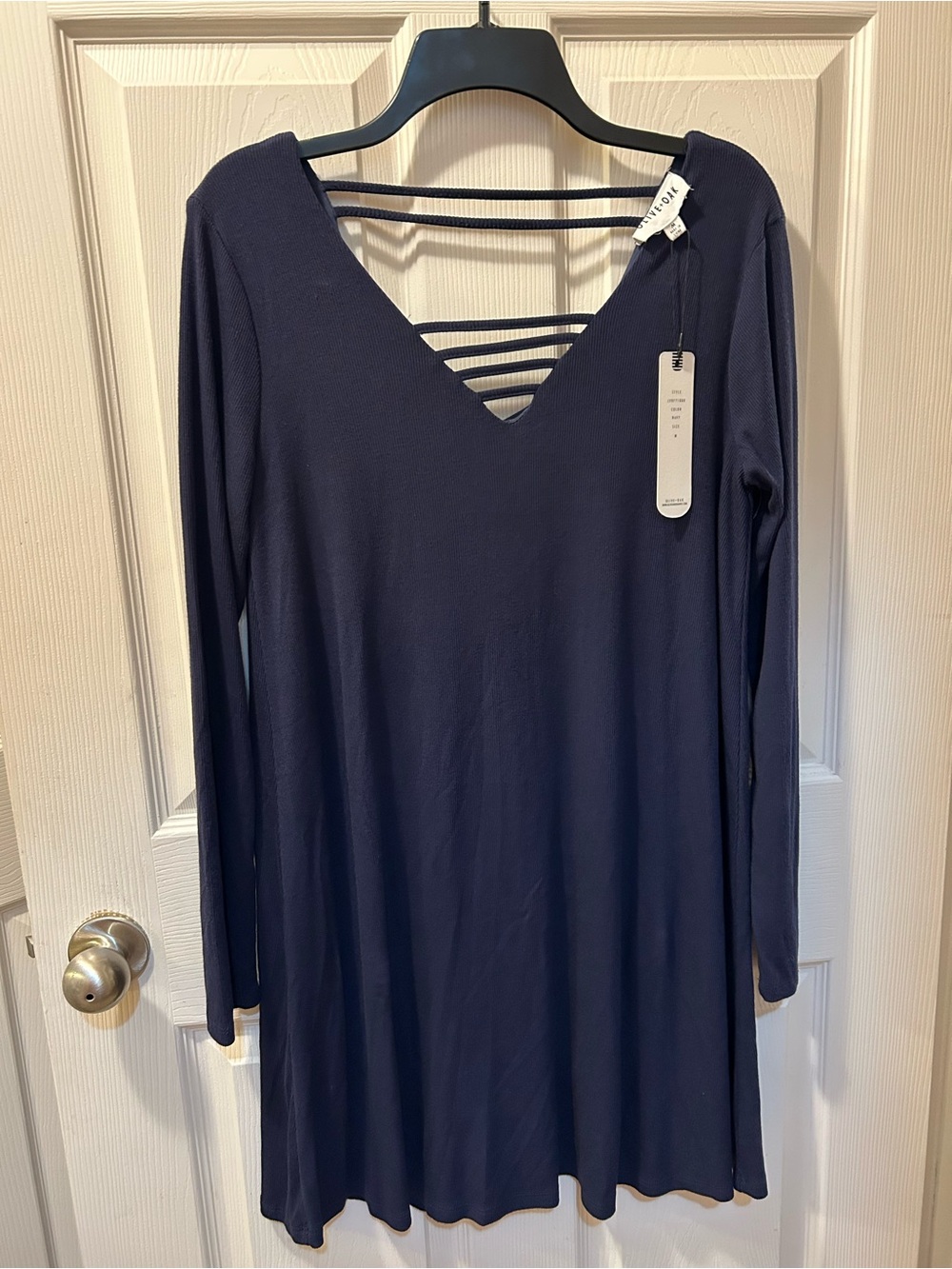 Olive & Oak Size Med Nav V-Neck Long Sleeve Tunic Dress with Strappy Back NWT